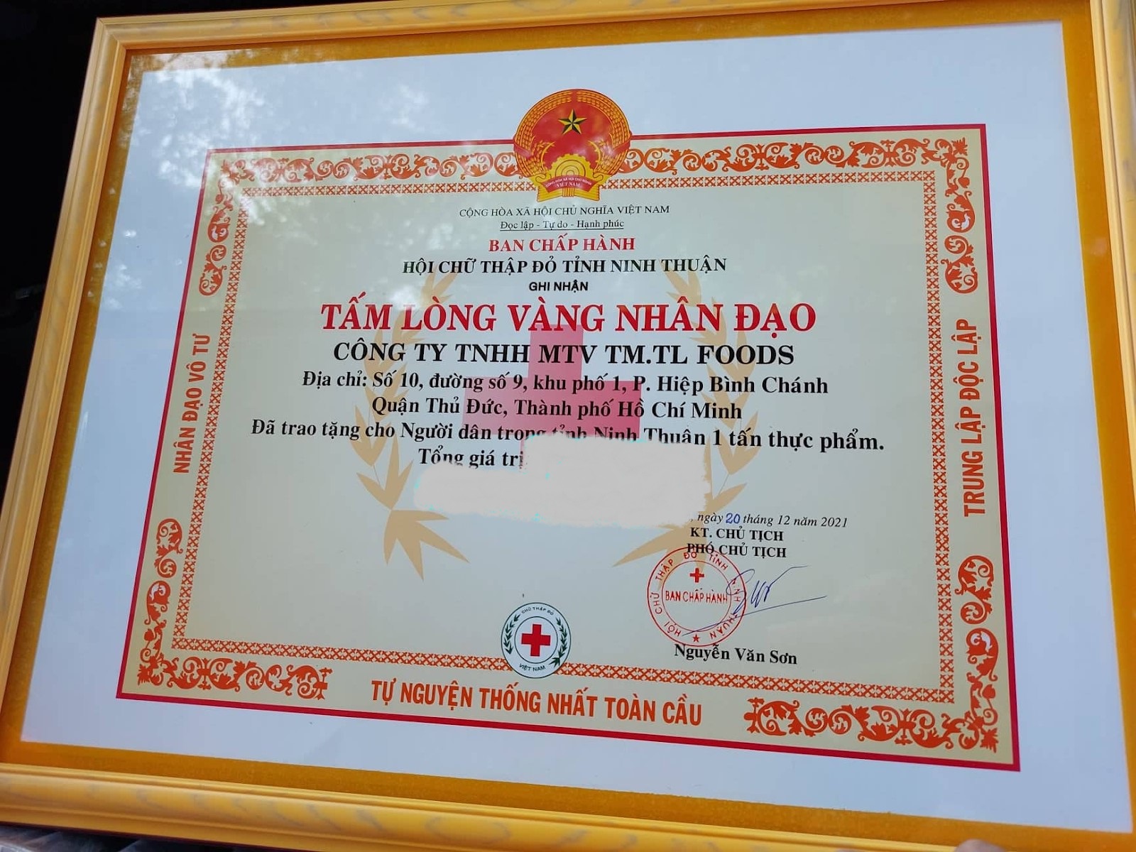 Bằng khen Tấm Lòng Vàng Nhân Đạo